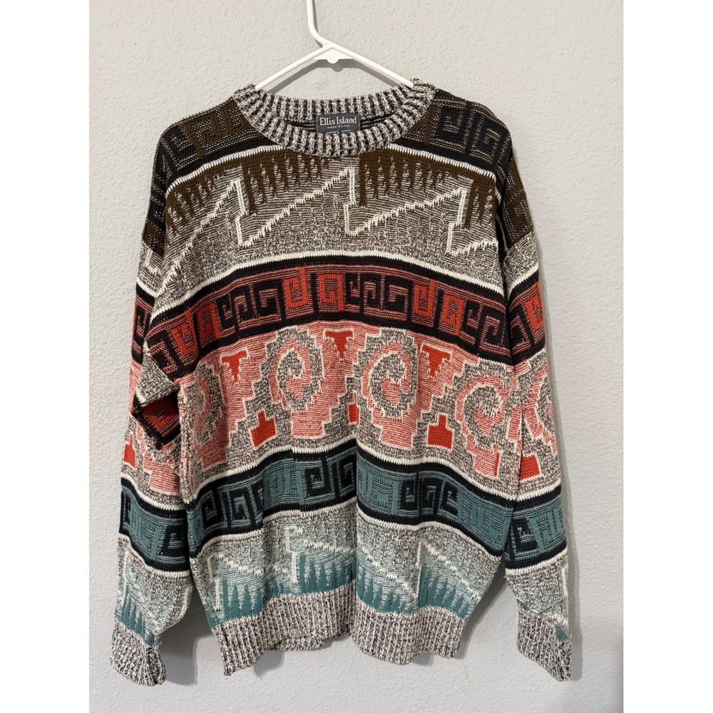 Vintage 90s Ellis Island Mens Sweater L Geometric Southwestern Knit 90% Cotton